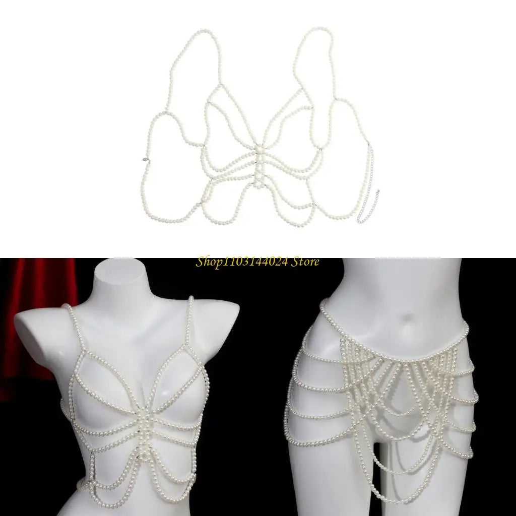 Modern Faux Pearls Body Necklace for Women Adjustable Strap Shoulder Chain Great for Celebrations and Day to Day Fashion