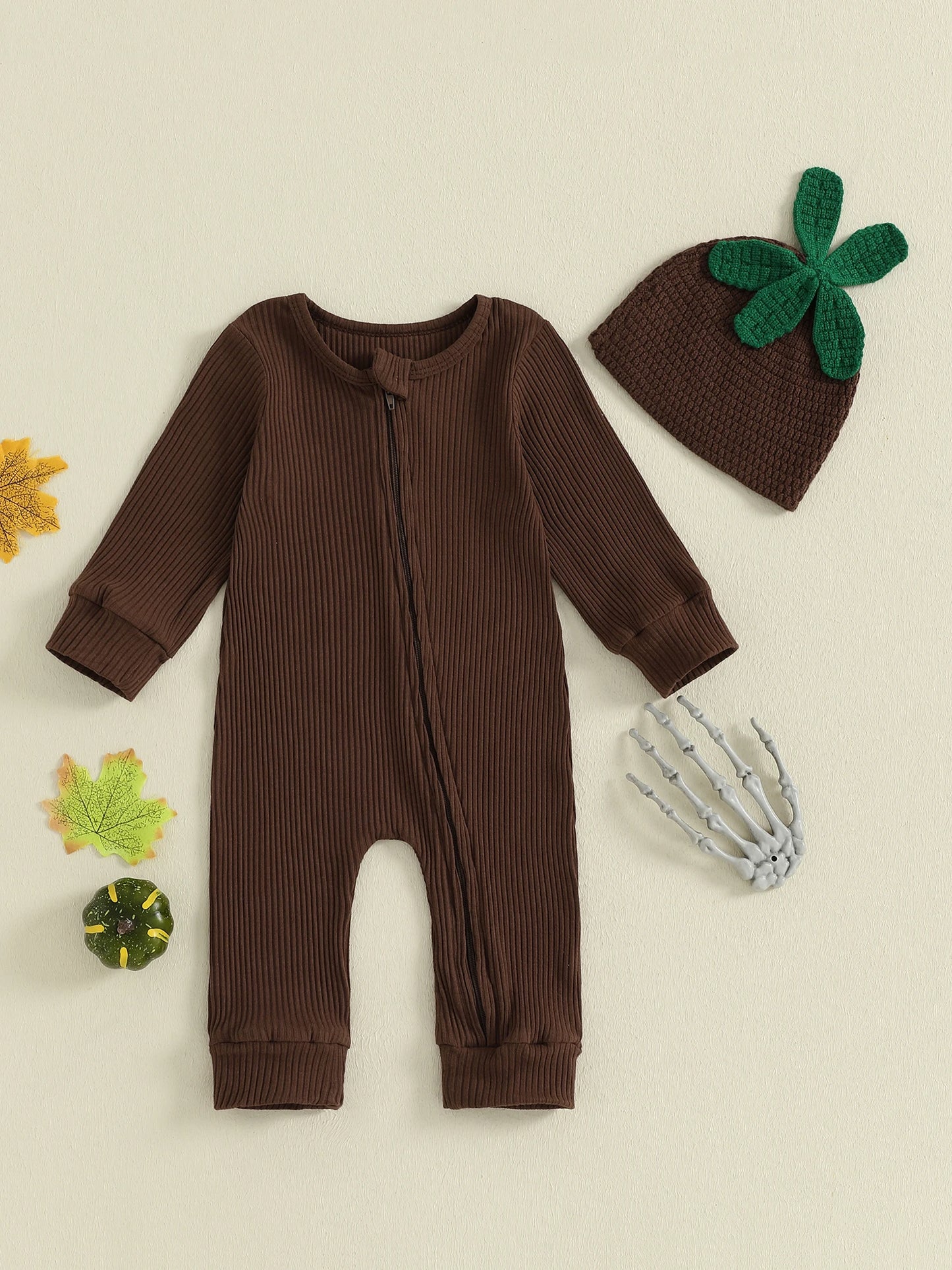 Infant Baby Boy Halloween Outfit Little Mandrake Jumpsuit Long Sleeve Ribbed Zipper Romper with Knit Hat Magic Baby Outfit