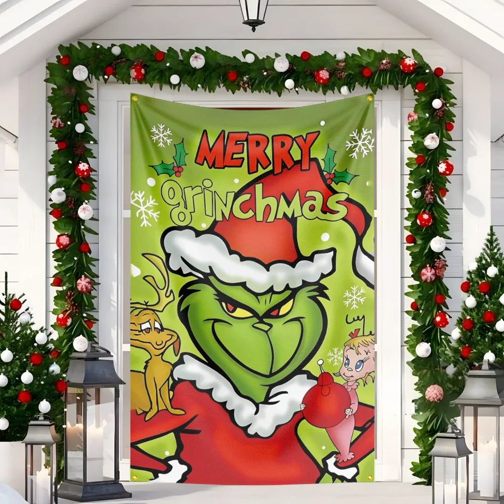 New Christmas Door hanging Green Haired Monster Christmas Flag Red Green Yard Outdoor Decoration Party Scene Decor