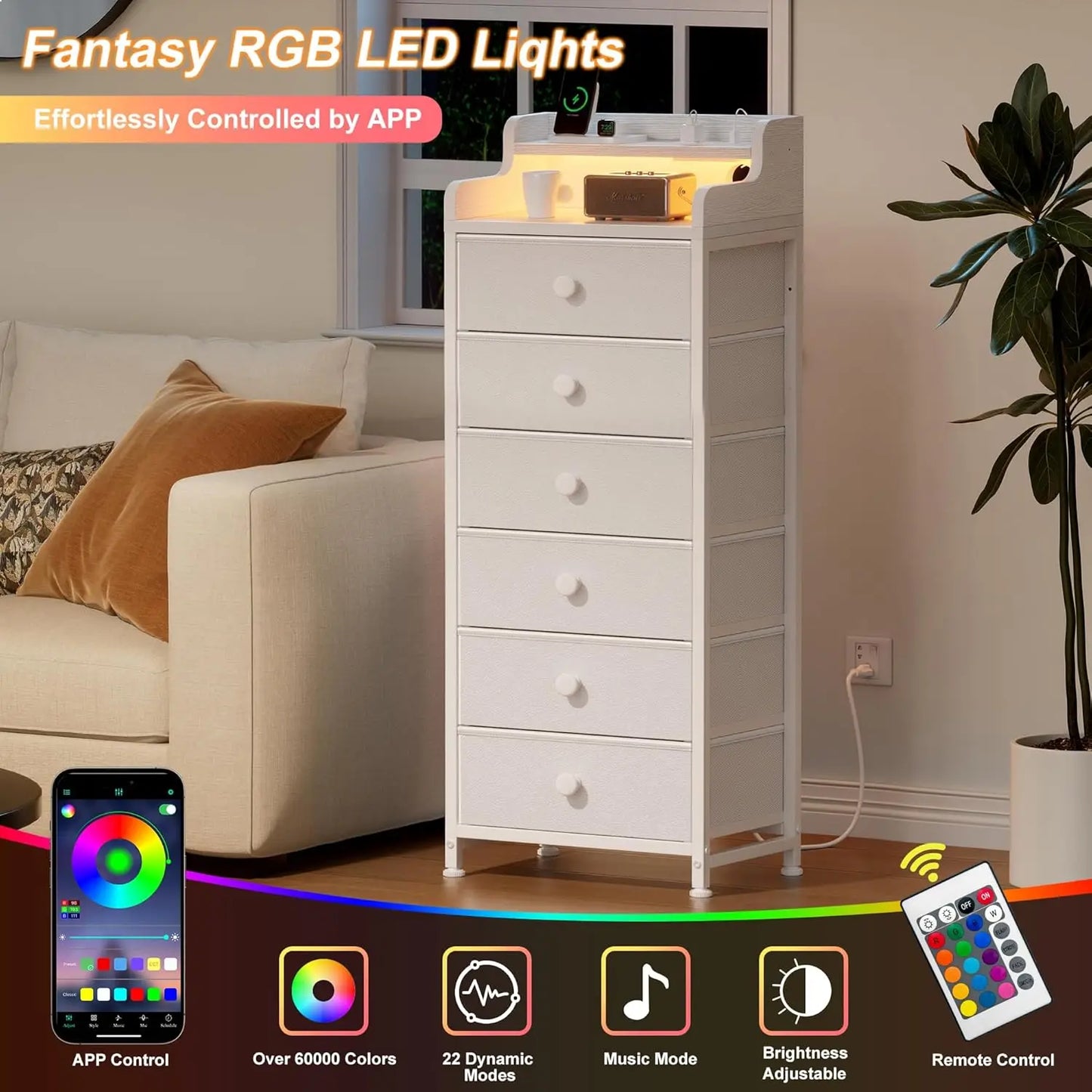 Dresser for Bedroom with Charging Station and LED Lights,6 Drawers Dresser White Chest of Drawers with Shelves, Tall Night Stand