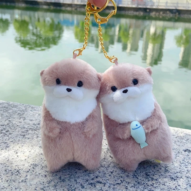 Cute Otters Holding Fish Plush Pendant Keychain Stylish Backpack Keyrings Pendant Lovely School Bag Key Wallet Pendant