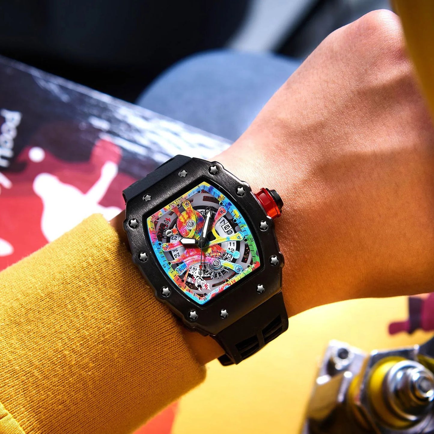 High-end Colored Hip Hop Dial  PINTIME Watch for Men Silicone Strap Stainless Steel Case Fashion Waterproof Quartz Wristwatch