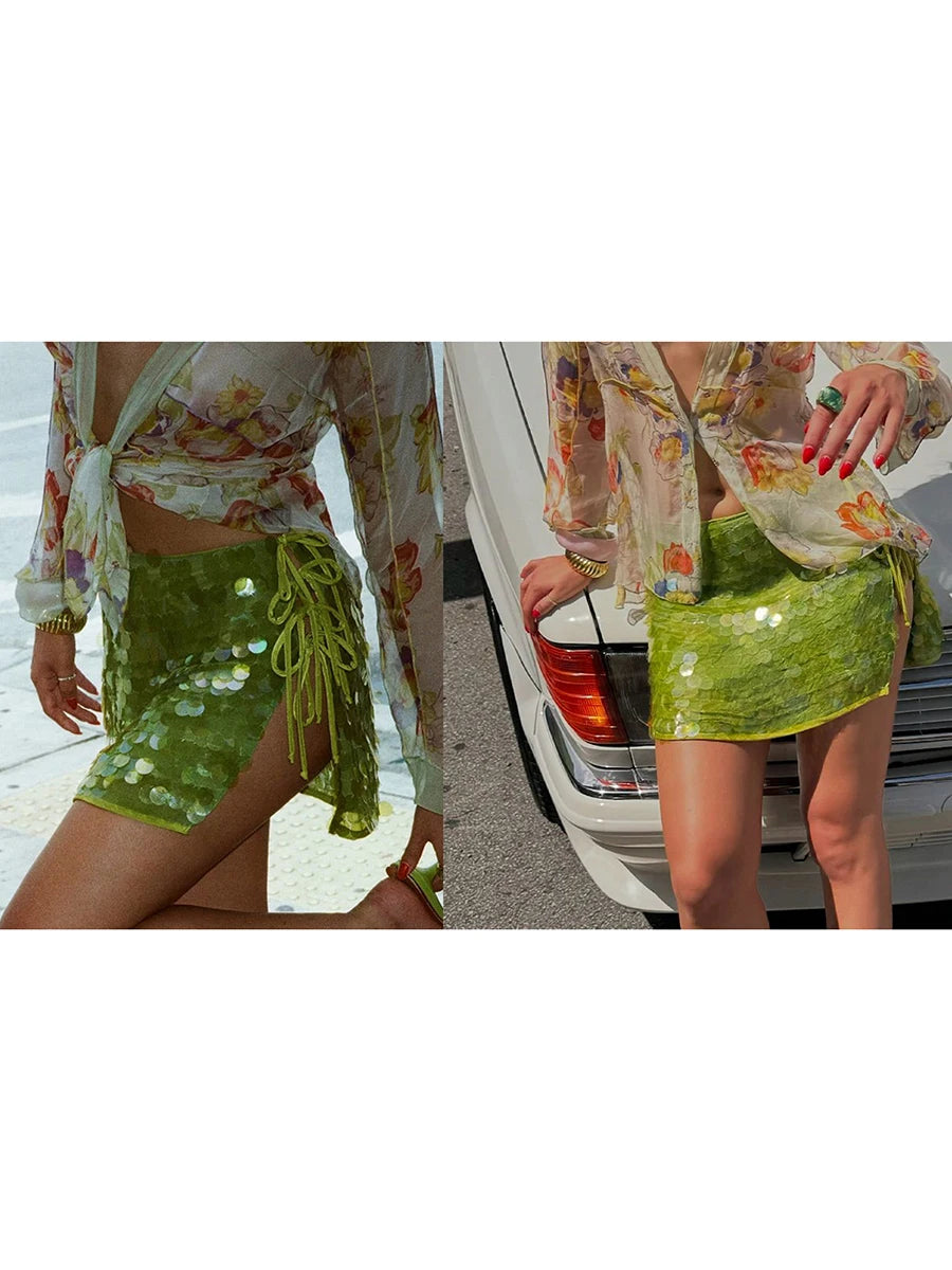 2025 New Fashion Women's Summer Mini Sequins Skirts Side Split Tie Up Skirt for Daily, Travel, Parties