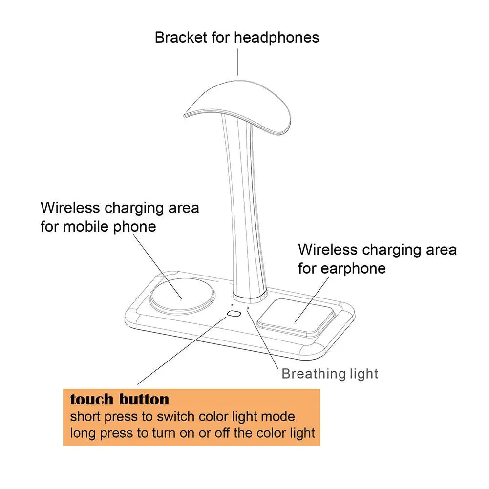 Multi Functional Headphone Stand Multi In One Wireless Charger Colorful LED Ambient Light Bracket For Headphones