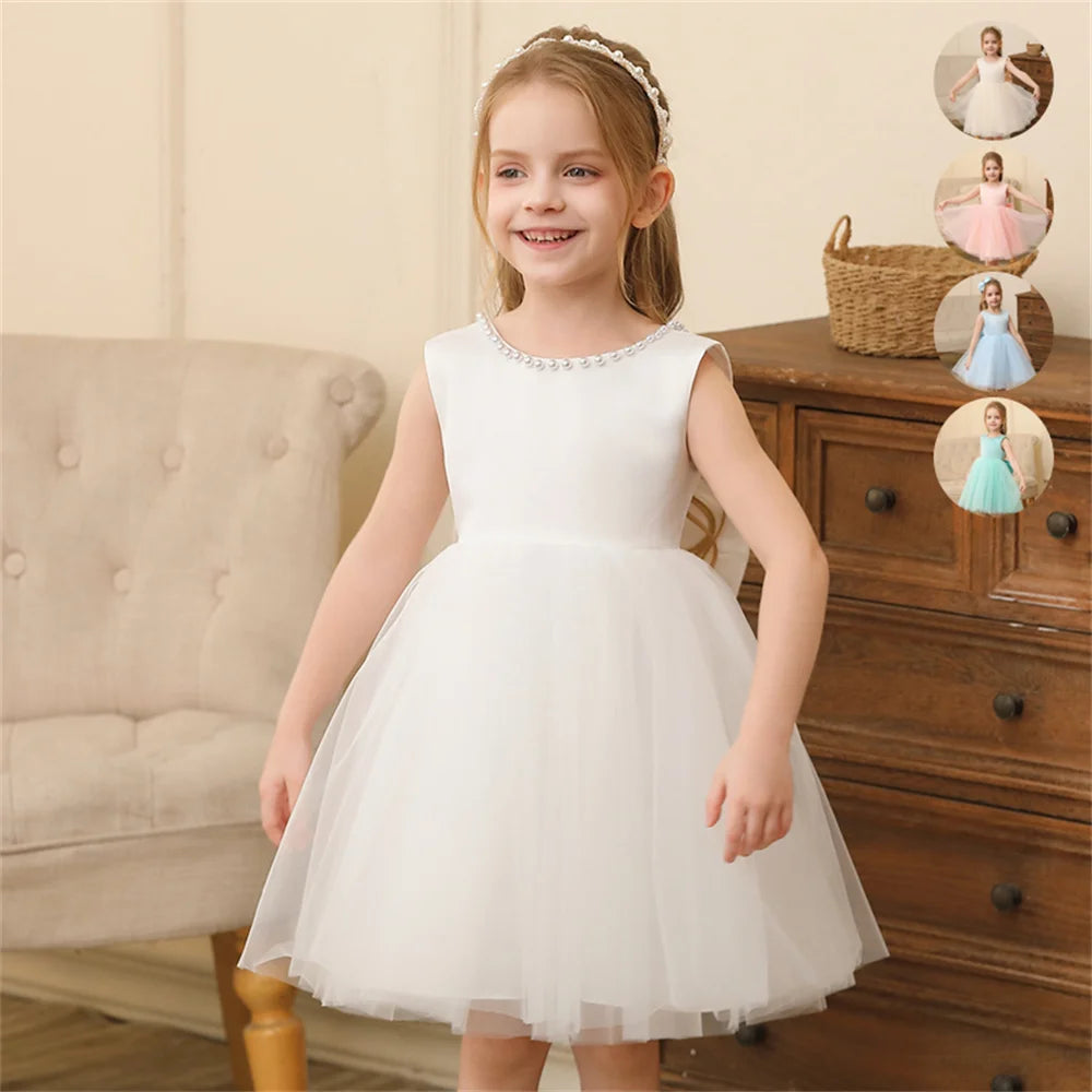 Toddler Girl Flower Birthday Tulle Pearl Dress Backless Bow Wedding Gown Baby Girl Bowknot Dresses Kid Party Wear Princess Dress