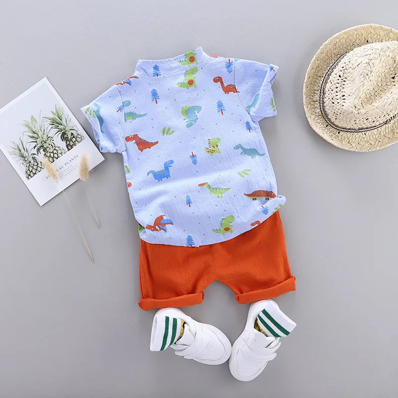 2PCS Children's Summer Full Print Cartoon Little Dinosaur Standing Collar Shirt and Shorts Set