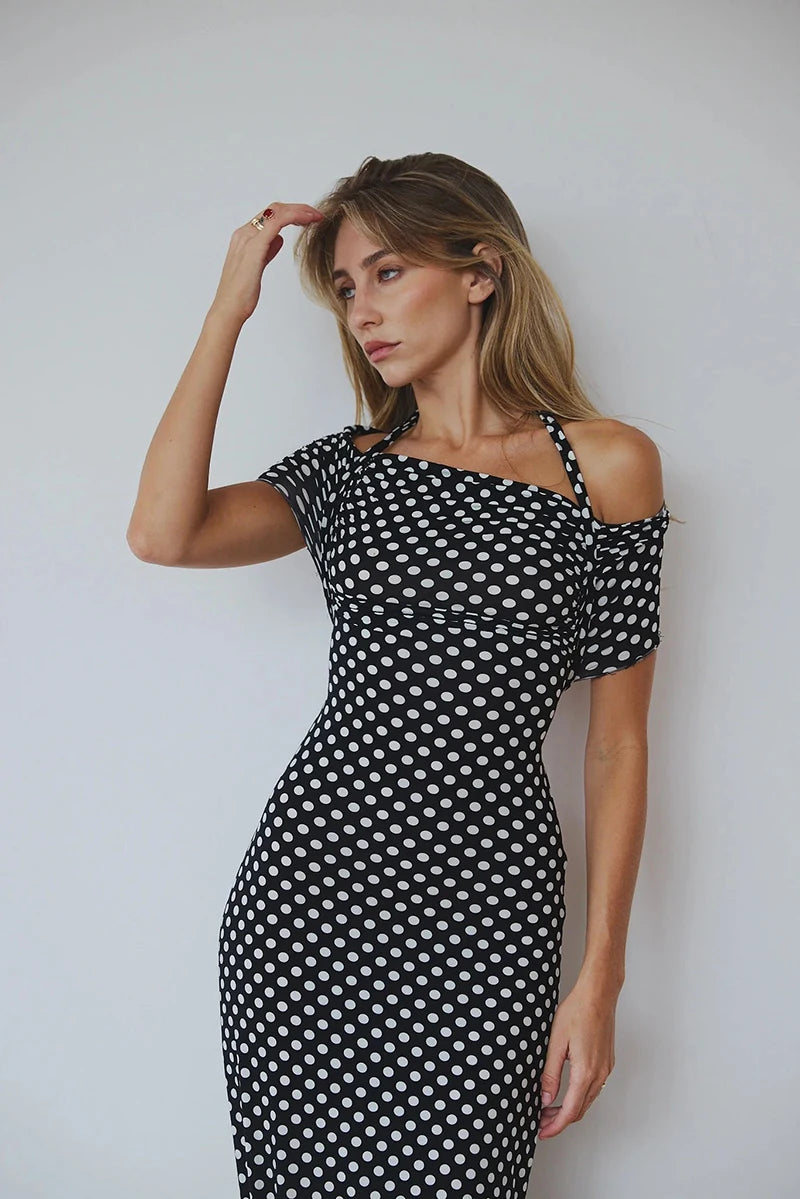 Mozision Off-shoulder Polka Dot Maxi Dress For Women Gown Fashion Halter Sleeveless Backless bodycon Split Long Dress Elegant