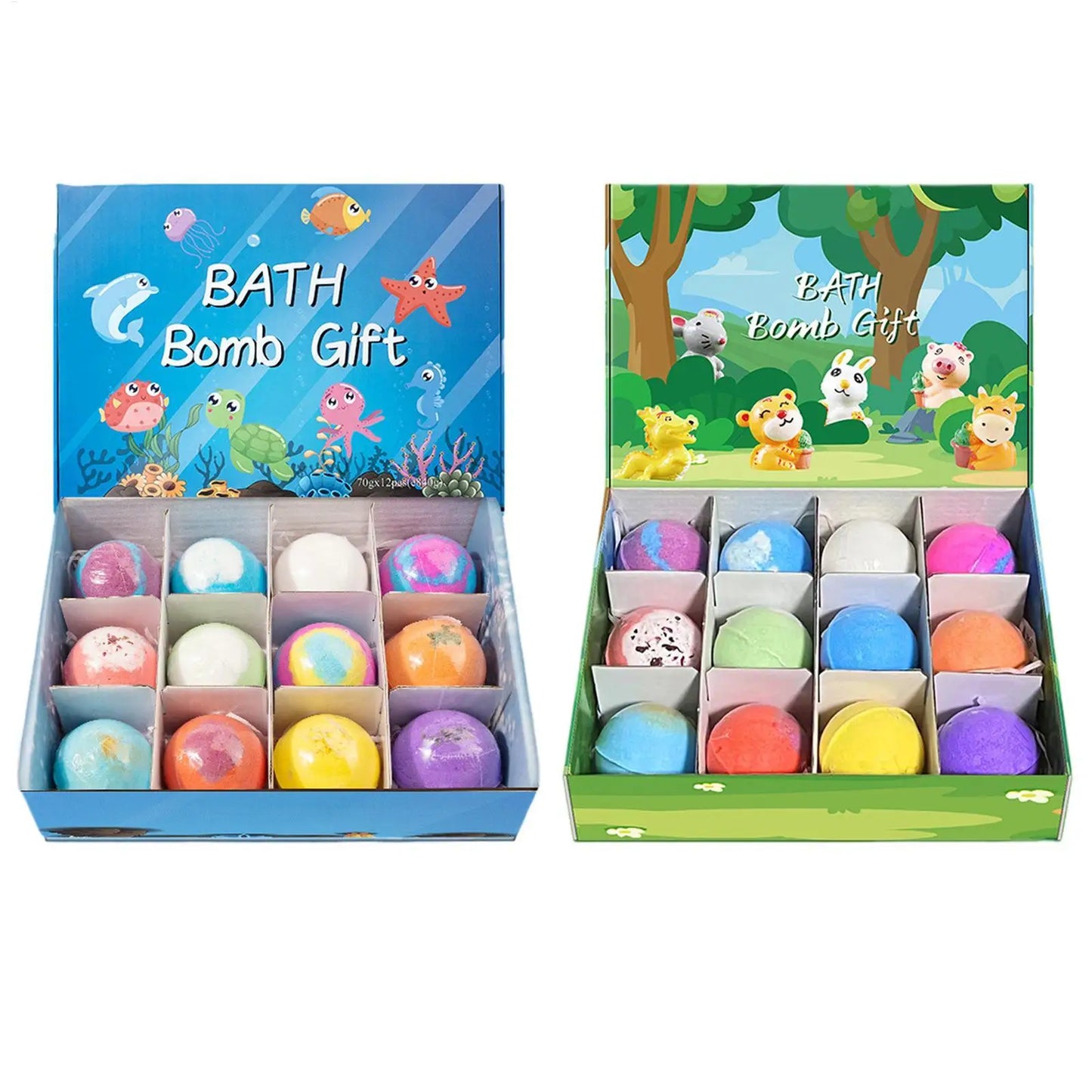 12Pcs Ocean Themed Bath Bombs Gift Set with Surprise Sea Animal Toys Inside Natural Bubble Bath Salt Balls for Kids Holiday Gift