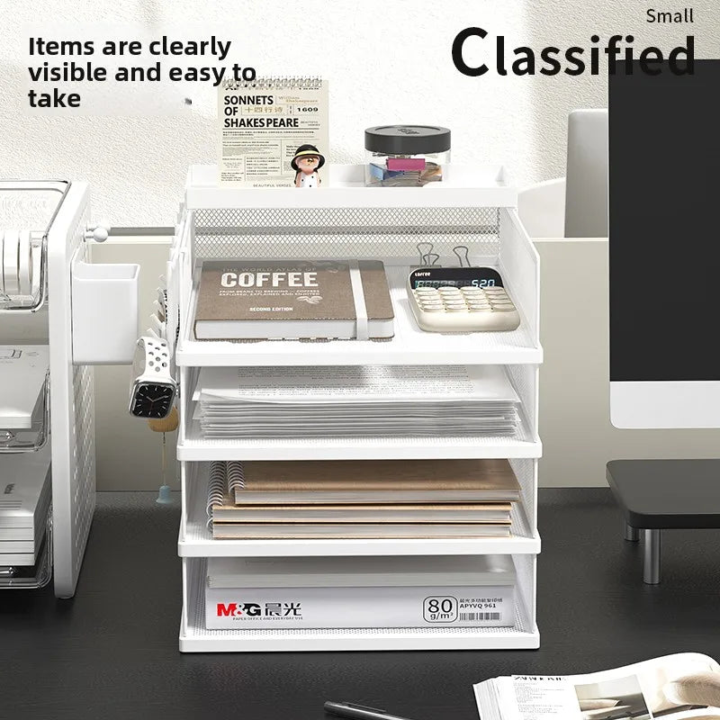 4 Tier Metal Paper Tray Desk Organizer, Stackable File Trays for Office Home, Multi-Functional Document Tray with Grid Design.