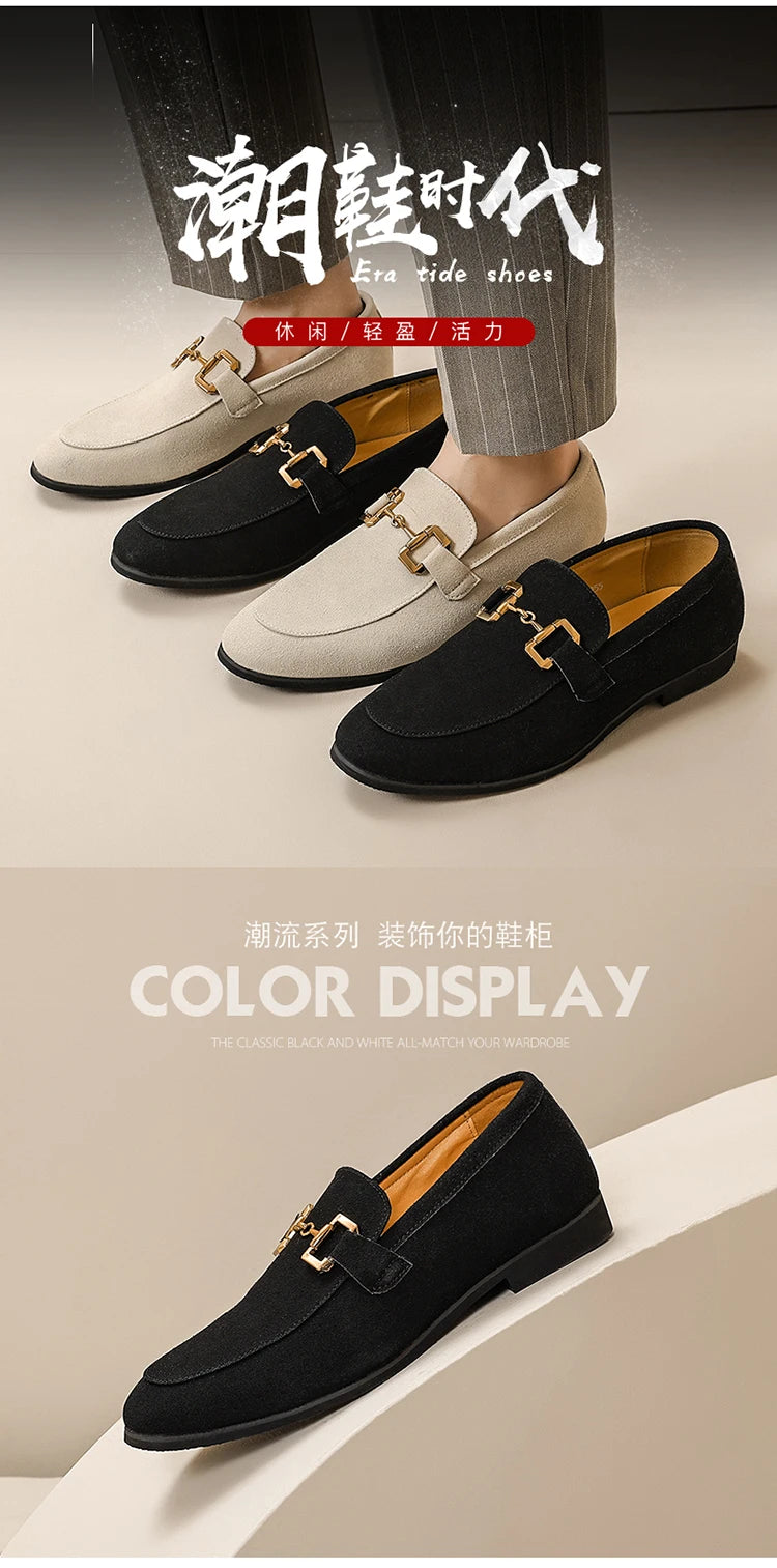 Loafers Men Shoes Black Beige Flock Round Toe Metal Decoration Men Dress Shoes Slip on Men Shoes
