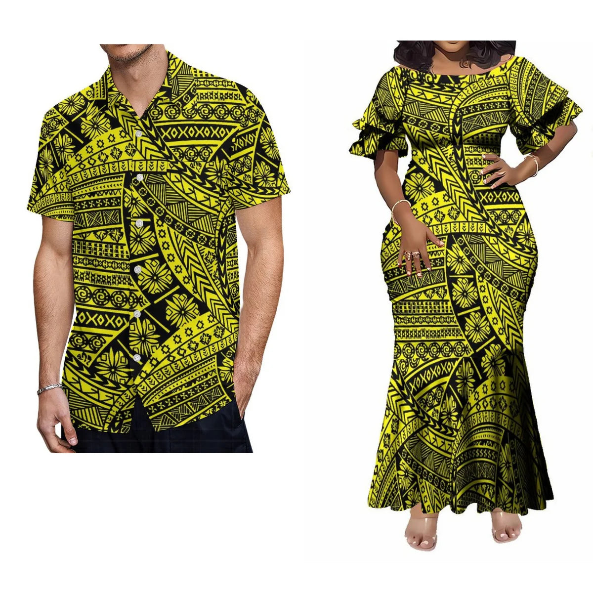 Custom Polynesian Tribal Couple Set Samoan Women'S Temperament Slim Dress Women'S Mermaid Maxi Skirt Men'S Shirt