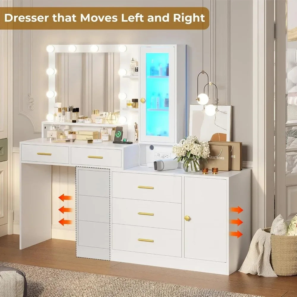 Vanity Desk, Makeup Vanity with Lights & Charging Station and Ambient Light, Vanity Table with Dresser, Bedroom Furniture