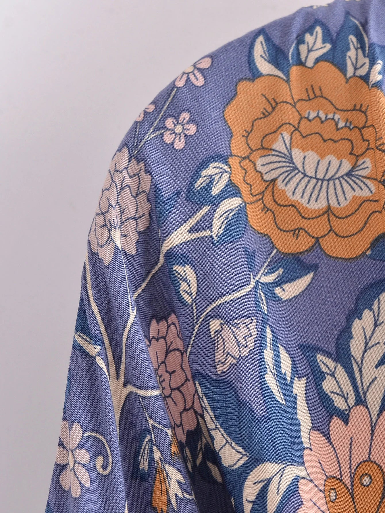 BOHO Women Blue With Pink Flower Print Kimono Shirt Holiday Tide Bow Sashes Mid Long Cardigan Summer Blouse Beach Cape