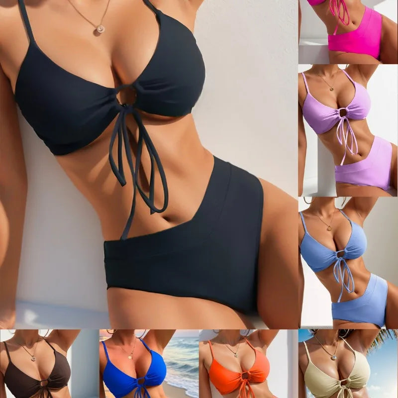 Sexy Bikini Set Women Adjustable Lace Up Solid Color Two Piece Swimsuit 2026 Summer Beach Bathing Suit Fashion New Beachwear