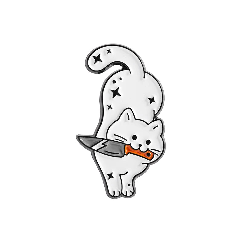 White Cat Holding Knife Enamel Pins Threatening Provoking Quotes Say That Again Brooch Bag Lapel Badge Jewelry Fans Gifts