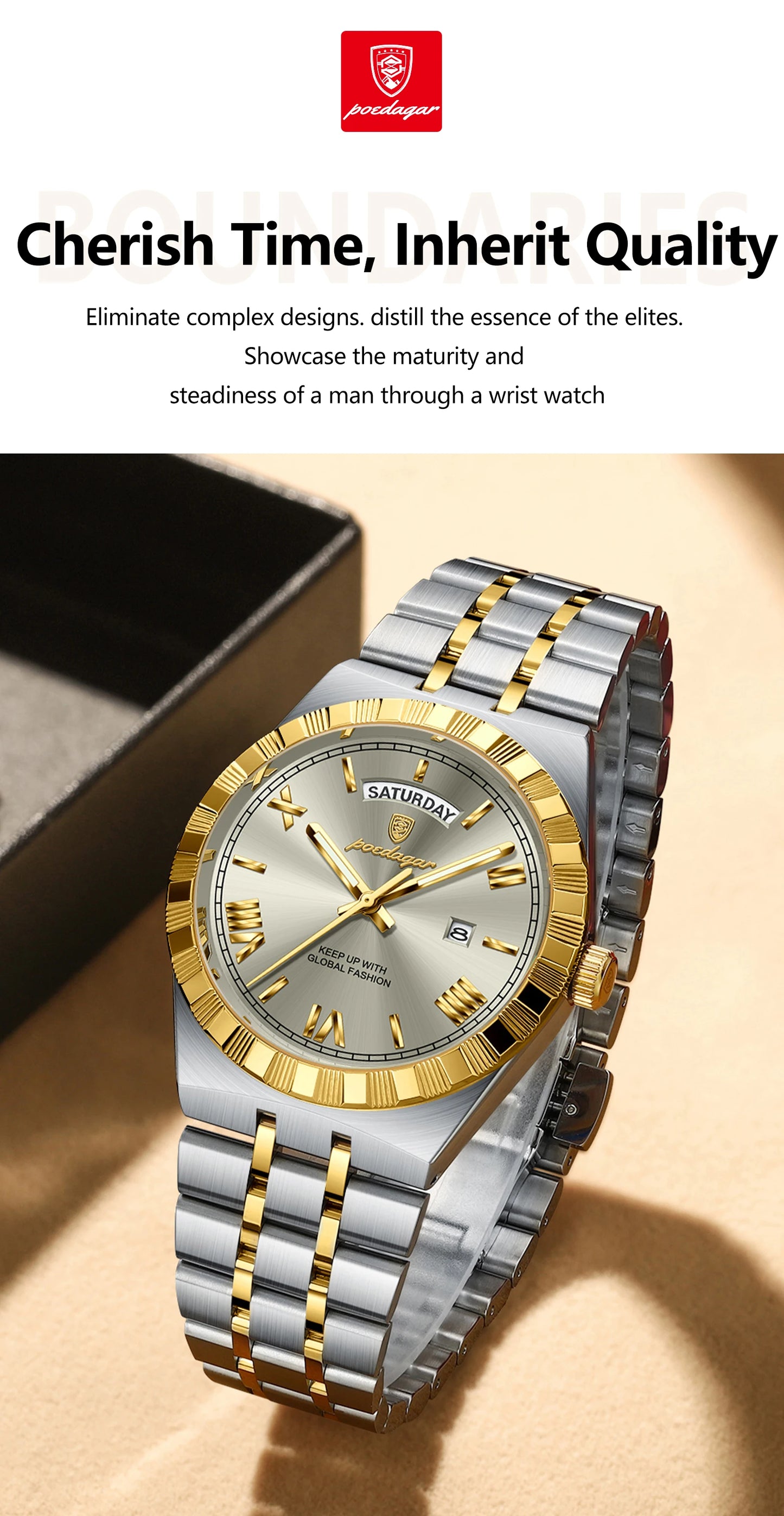POEDAGAR Original Male Watch Luminous Waterproof Week Date Men Wristwatch Stainless Steel Business Quartz Men's Watches Gift+Box