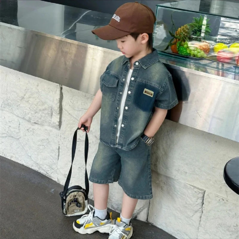 2025 Trendy Boys' Denim Set Vintage Wash Short Sleeve Shirt & Shorts 2-Piece Summer Outfit