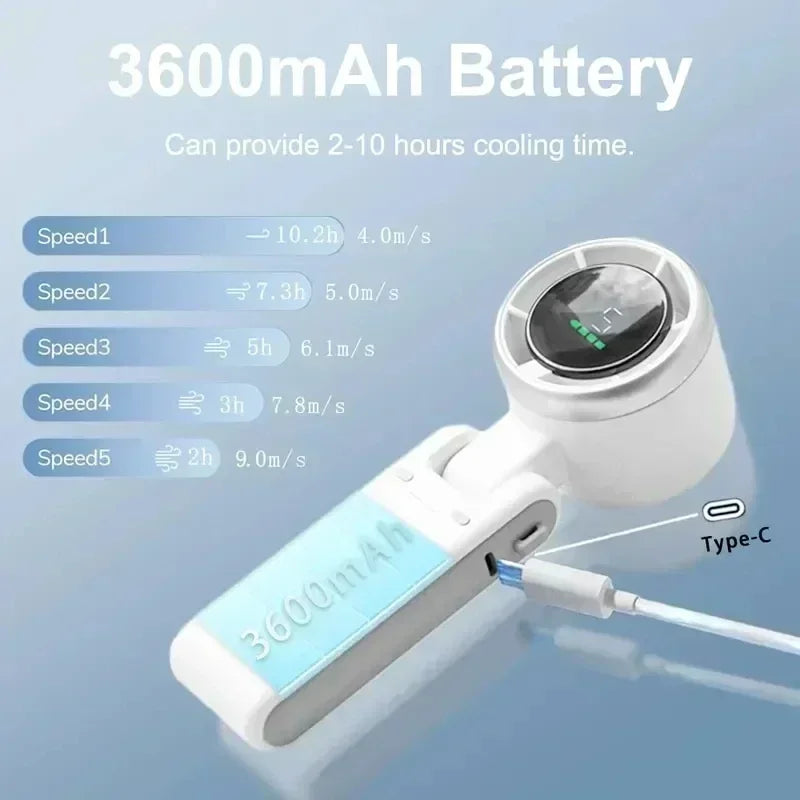 Foldable Handheld Mini Fan 5 Speed Adjust Hanging Neck Strap Type c Rechargeable Fan Digital Display Desktop High-speed Turbo