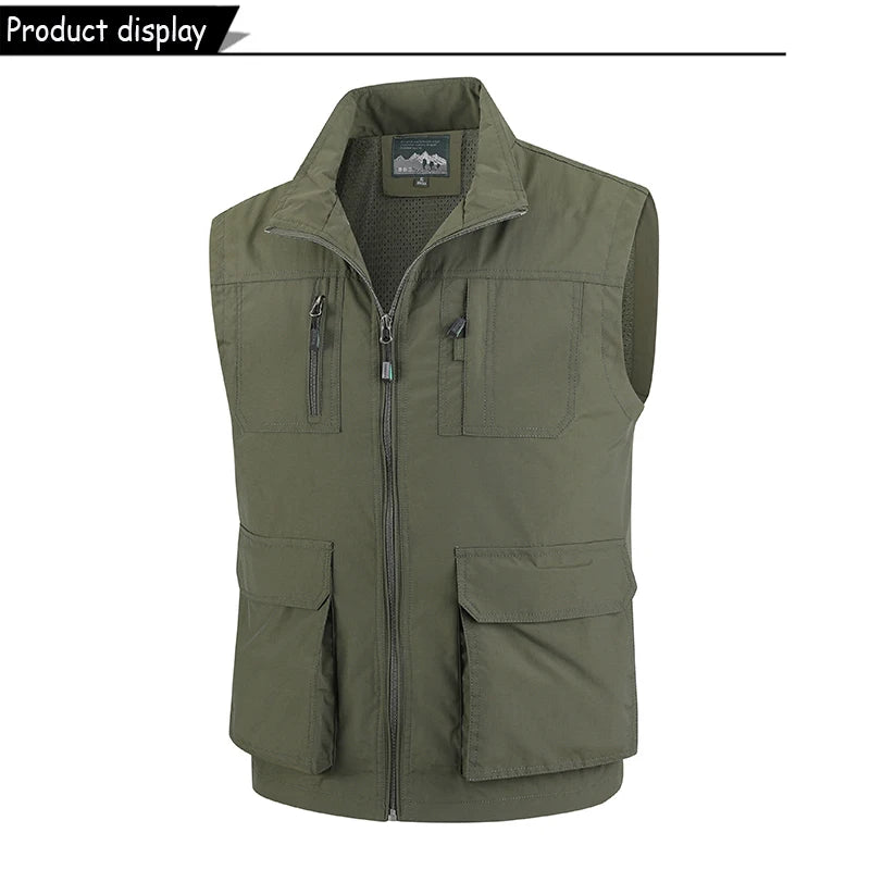 2026 Summer Men Sleeveless Cargo Leisure Work Lapel Vest Men Outdoor Solid Color Fishing Camping Thin Pocket Vest Male Waistcoat