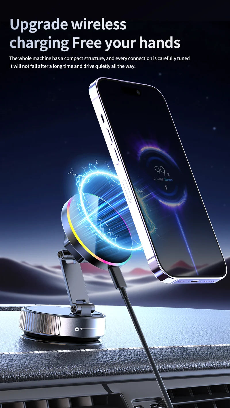 15W Vacuum Suction Magnetic Wireless Charger Car Phone Holder Mount 360 degree Rotatable Compatible with Smartphones for iPhone