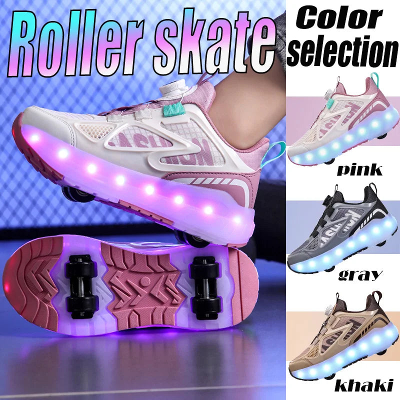 Children's Roller Skate Shoes 4-Wheels Removable Wheeled Rolling Shoes for Kids with LED Light Inline Skate Sneaker