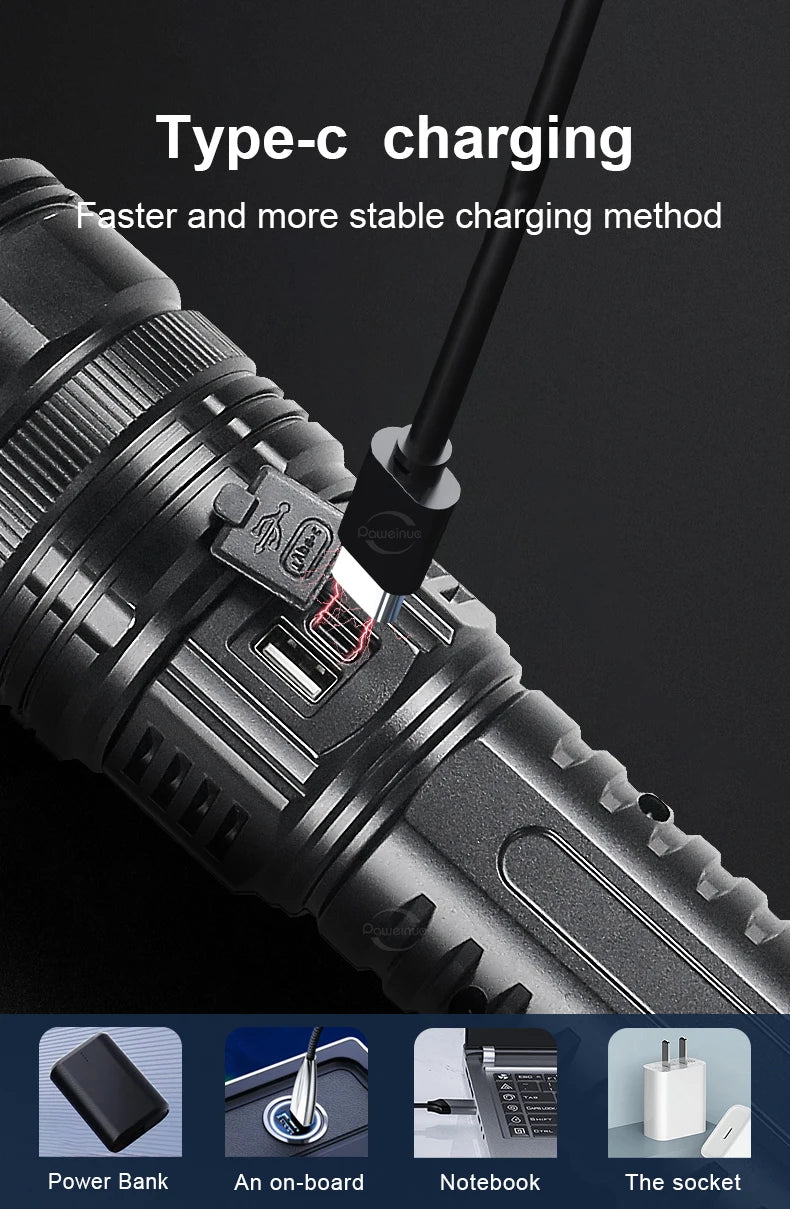 500000LM Ultra Bright LED Flashlight Bult-in Battery Most Powerful Flashlights Tactical Lantern COB Lights Emergency Spotlights