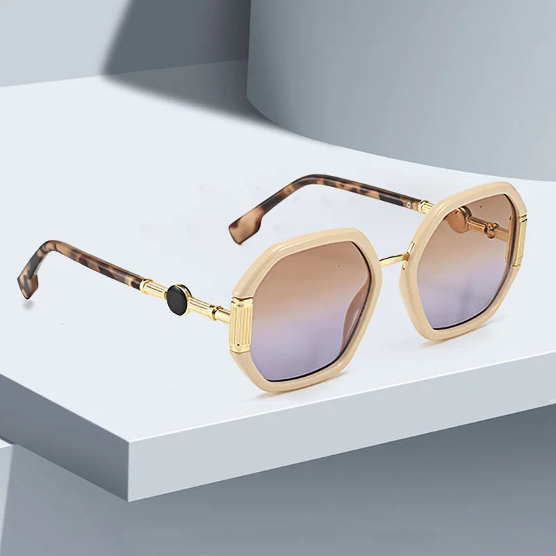Fashionable Sunglasses for Women Unique Octagonal Frame with Gradient Lenses, Sunglasses with Golden Legs Women Glasses