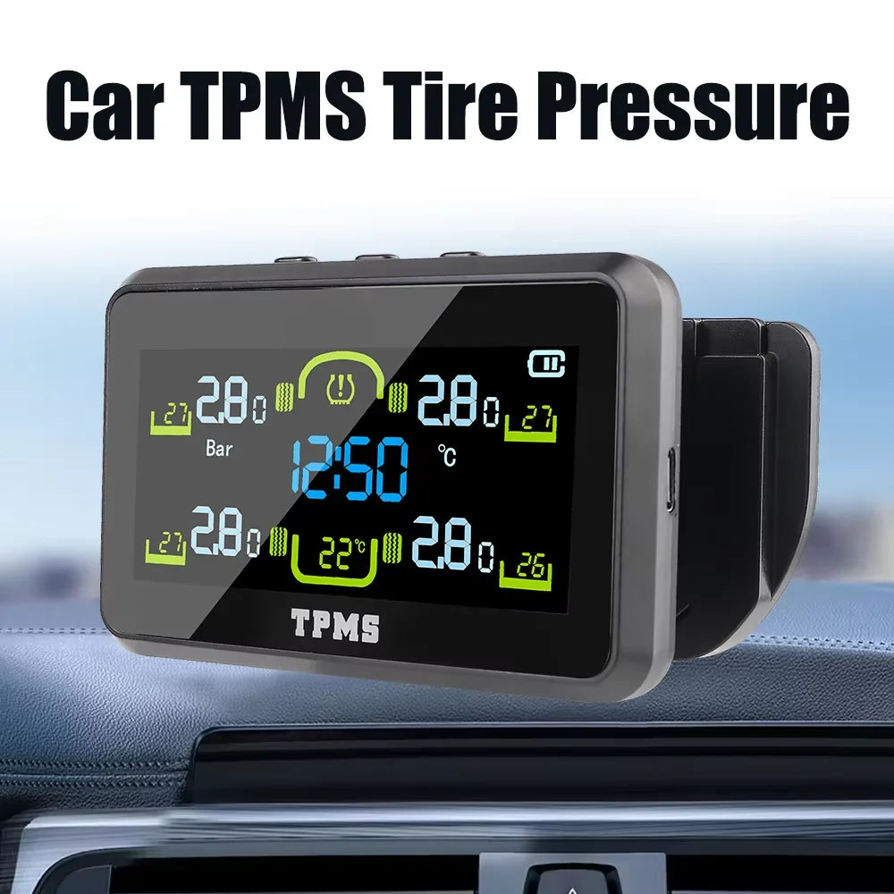 Car Tire Pressure Monitoring System Solar TPMS Sensors Security Alarm LCD Display Tyre Pressure Monitor Temperature Warning