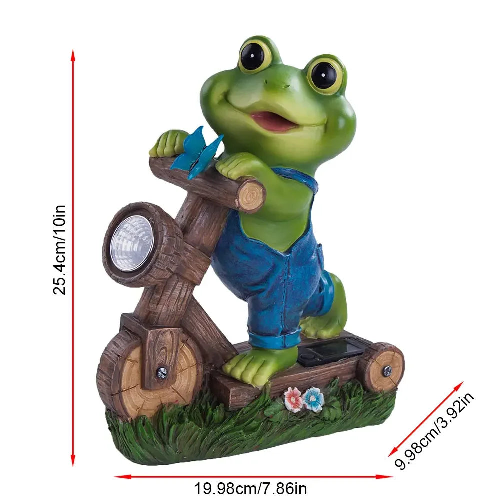 Resin Garden Frog Statue with Solar Light Frog Cycling Model Frog Ornaments Cute Animal Statue for Patio Lawn Yard Decoration