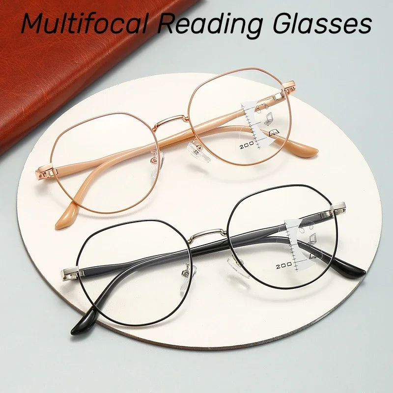 Progressive Multifocal Glasses Anti Blue Light Reading Glasses Fashion Women Men Metal Near and Far Presbyopic Eyewear Diopter