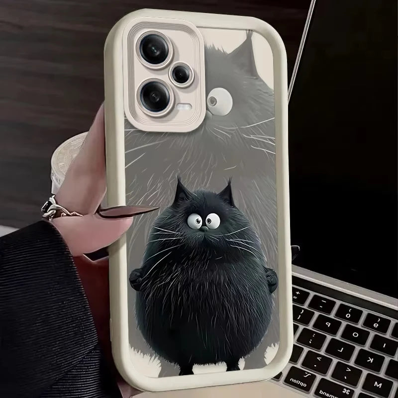 Funny Black Plush Cat Cute Phone Case For Redmi Note 13 12 Pro Plus 5G 13 12 Pro 4G 5G 11 10 Pro 12S 5G 11S 10S Redmi 13C 12 5G