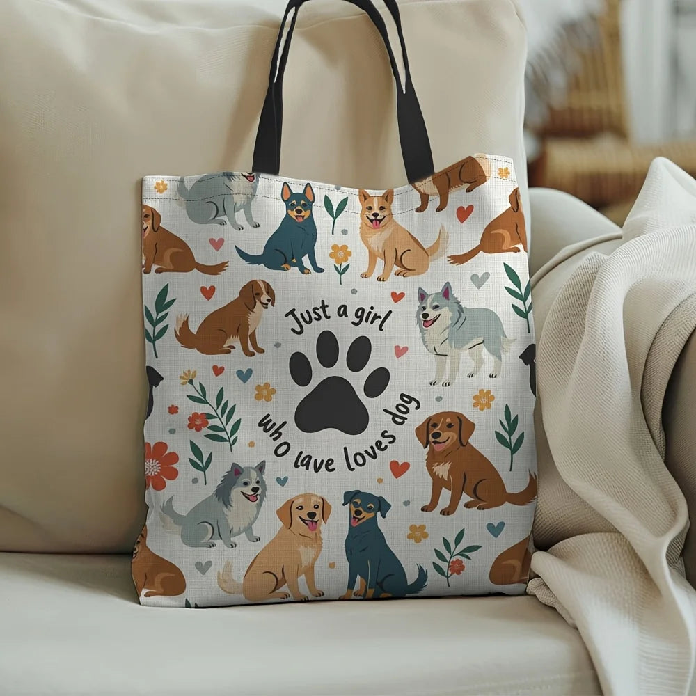 1pc Stylish Dog Mom Tote Bag -"Just A Girl Who Loves Dogs" Print with Cute Dog Illustrations