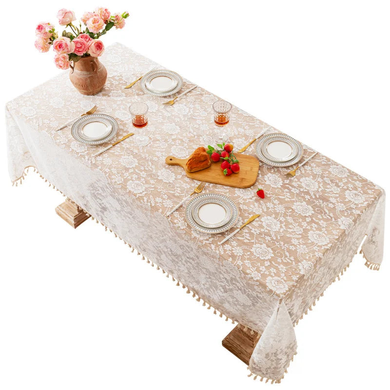French Rose Lace Tablecloth, Rectangular Dining Tablecloth, Home Coffee Table Wedding Decoration Cover,