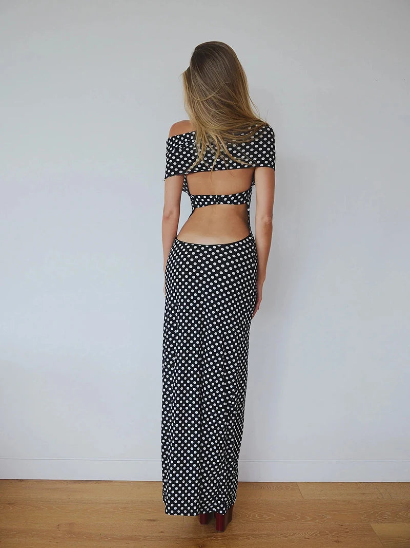 Mozision Off-shoulder Polka Dot Maxi Dress For Women Gown Fashion Halter Sleeveless Backless bodycon Split Long Dress Elegant
