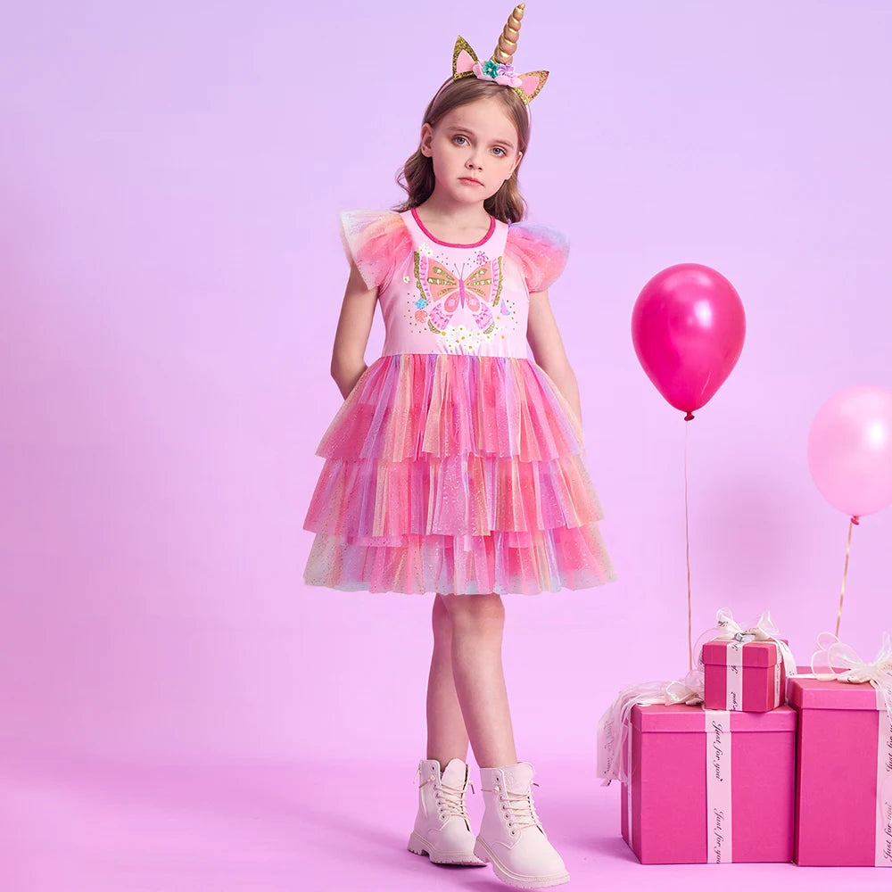 DXTON Girls Princess Dress Ruffles Sleeveless Butterfly Kids Vacation Dress Gradient Mesh Layered Cake Children Birthday Clothes