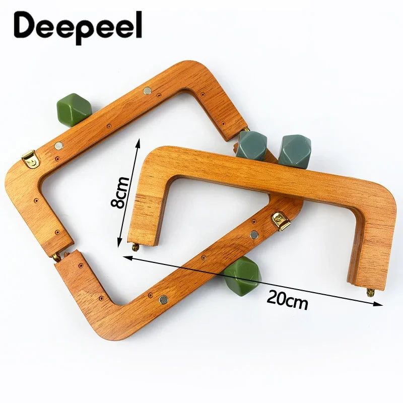Deepeel 20cm Solid Wood Square Bag Handles Wooden Beads Kiss Clasp Locks Handbag Purse Frames Handle DIY Crafts Accessories