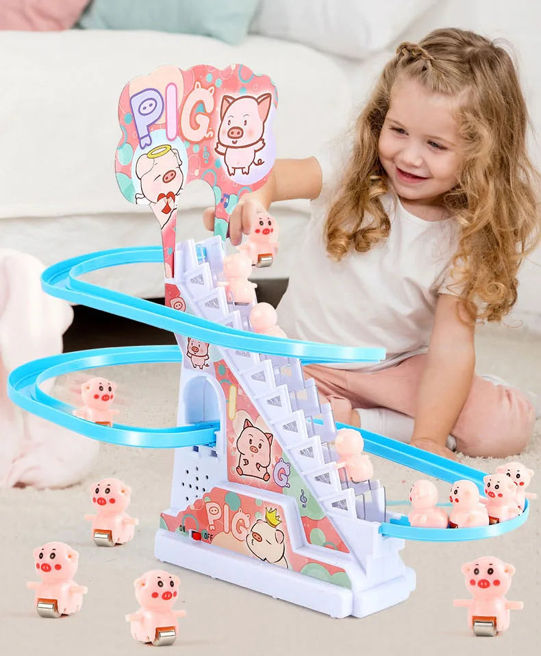 Electric Duck Track Rail Racing Slide Piggy Climbing Stairs Baby Toy LED Lights Musical Slide Roller Coaster Toys for Gift