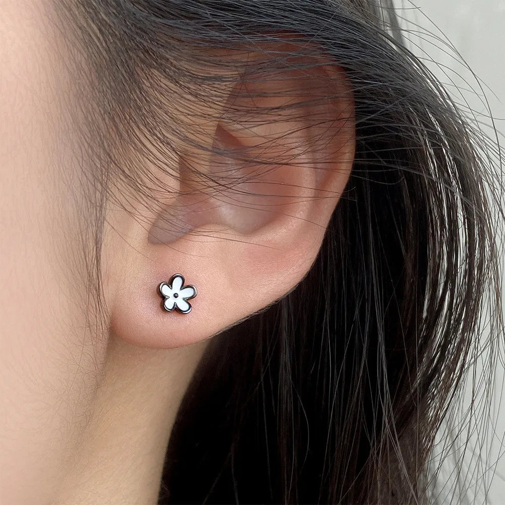 YIZIZAI Womens Earrings Silver 925 Enamel Black Flower  Ear Piercing For Women Screw Silver Stud Earrings