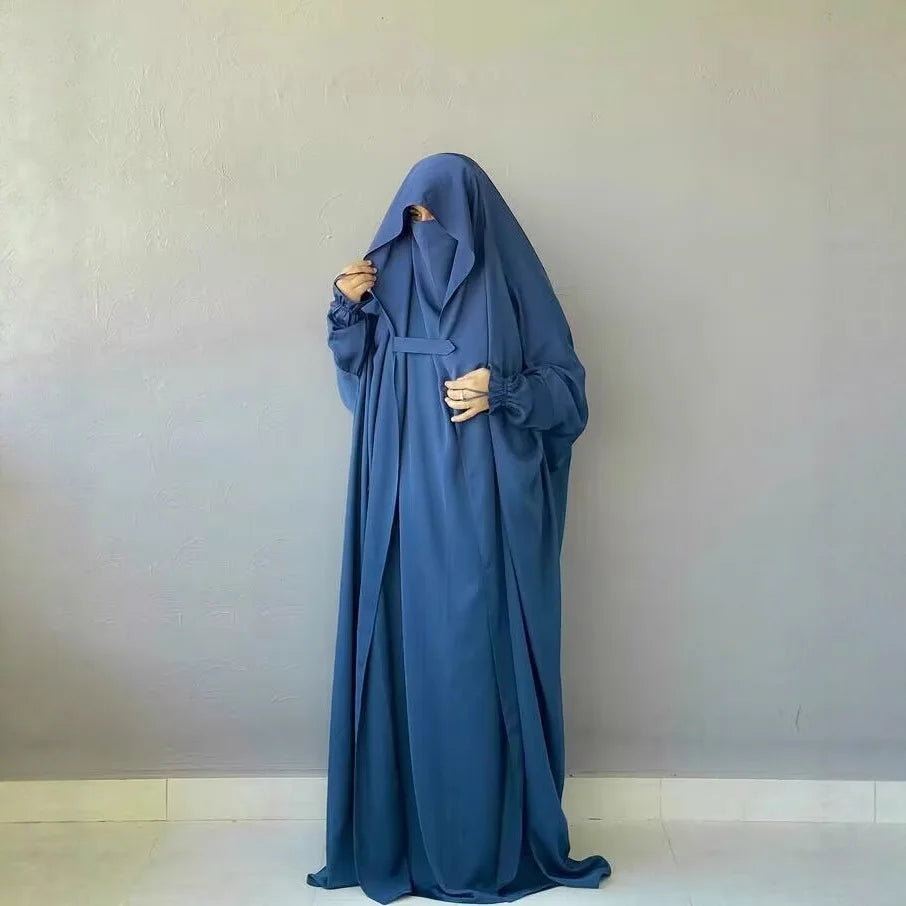 Muslim Abaya Hooded Smocking Sleeve One-piece Prayer Dress Women Jilbab Islamic Clothing Dubai Saudi Black Robe Turkish Modesty