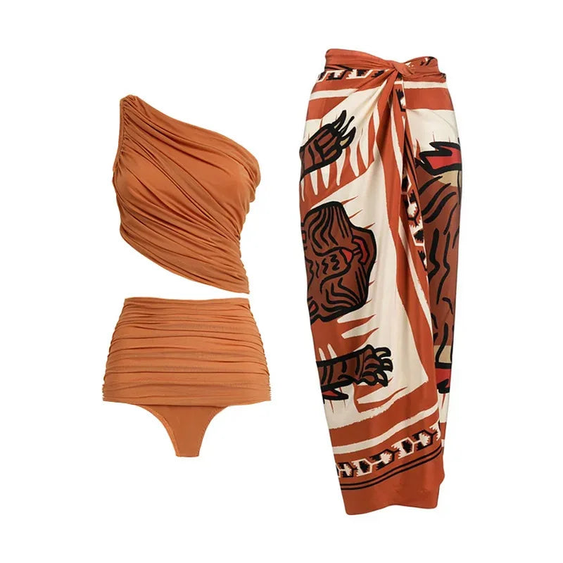 2024 Sexy Sling Ruffle Solid Two Pieces Bikini Women High Waist 3D Flower Swimsuit Skirt Summer Backless Beachwear Bathing Suit