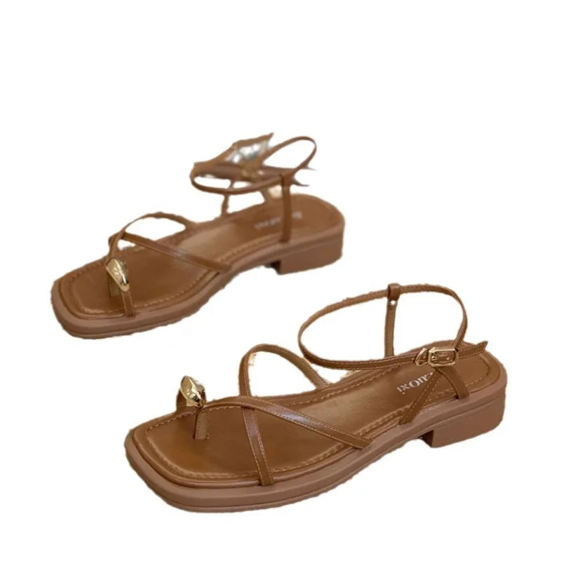 Sandals Women 2024 Summer New Fashion Square Toe Roman Shoes Simple Fairy Strap Women Shoes Flat Casual Shoe Sandalias De Mujer