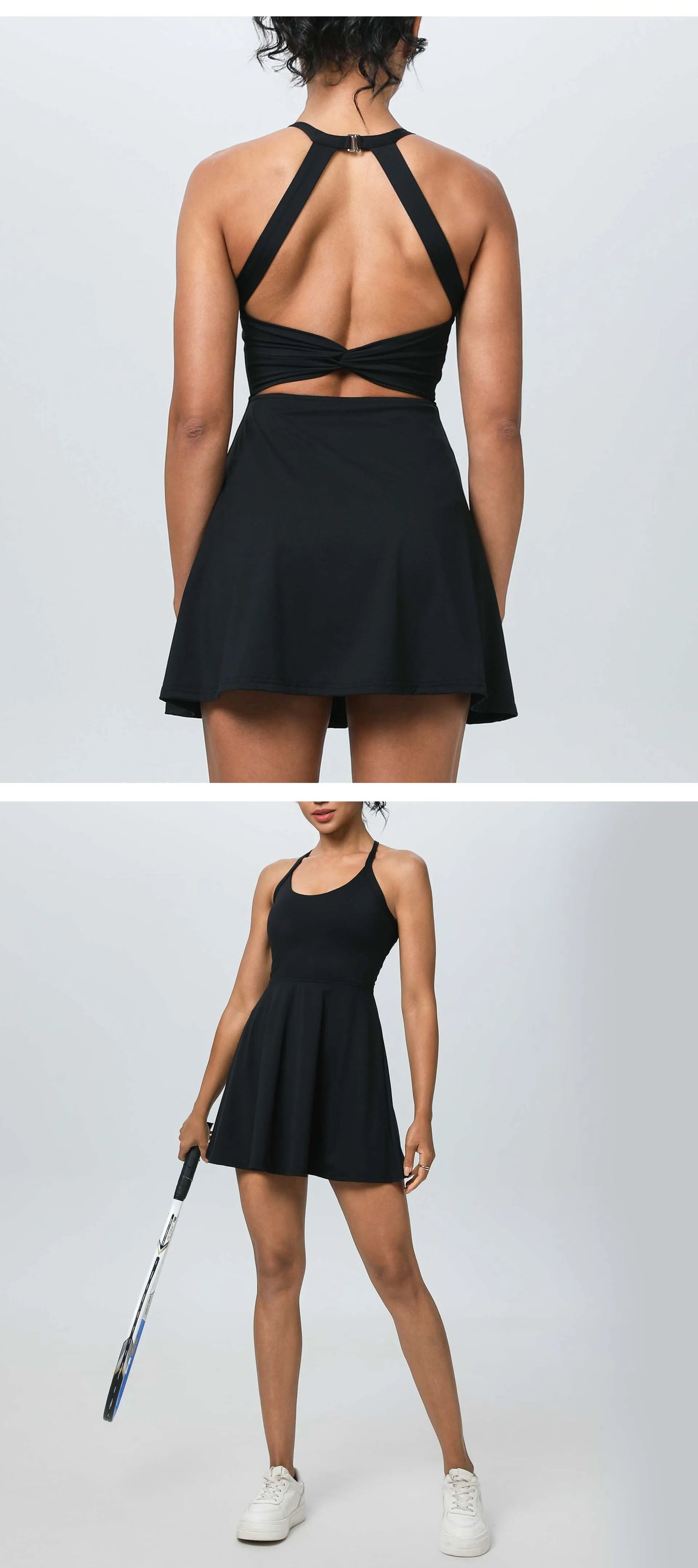 Summer Women Sexy Backless Tennis Dress Sleeveless A-lined Athletic Dress Built-in Bra & Shorts Ladies Elastic Workout Skirts