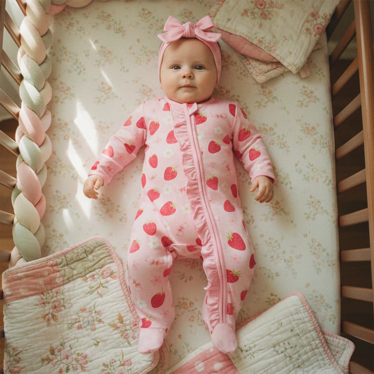 Newborn Baby Girl Footed Romper Strawberry Bow Print Long Sleeve Zip Up Round Neck Ruffled Jumpsuit with Headband