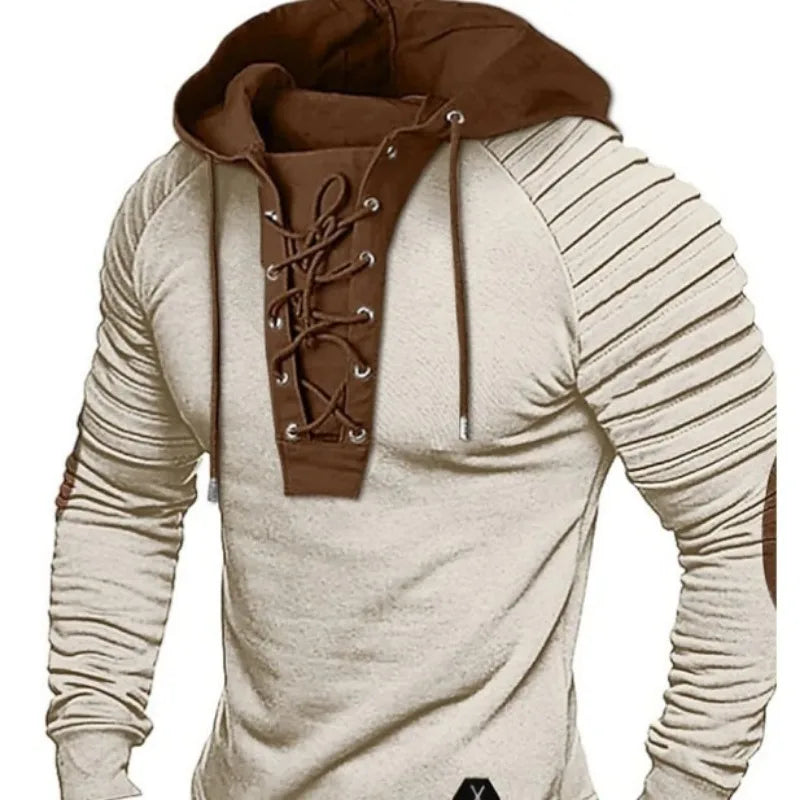 Men’s Lace-Up Hoodie Long Sleeve Pullover Slim Fit Sweatshirt Ribbed Arm Patchwork Design Off White Streetwear Tops