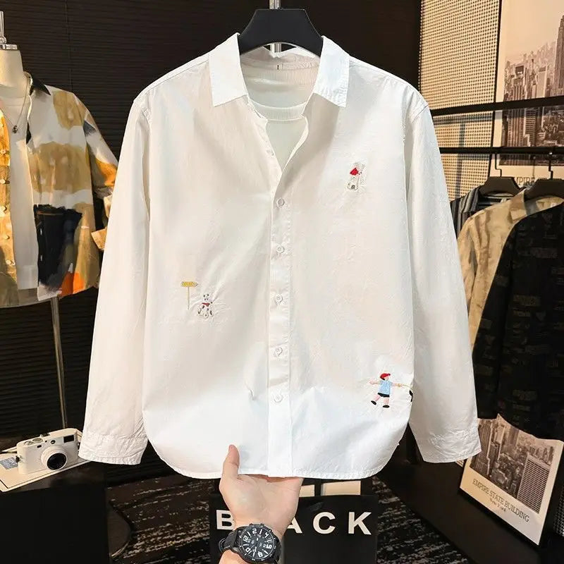 Embroidered Men's Shirts Fashionable Spring New Long-sleeved Versatile Trendy Loose Tops and Jackets Handsome and Casual