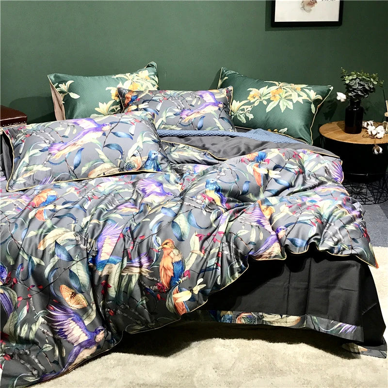 Egyptian Cotton Flower Bird Digital Printing Bedding Sets, Bed Linen Duvet Cover Set, Luxury Bed Sheets, Pillowcase, 600TC, 4Pcs