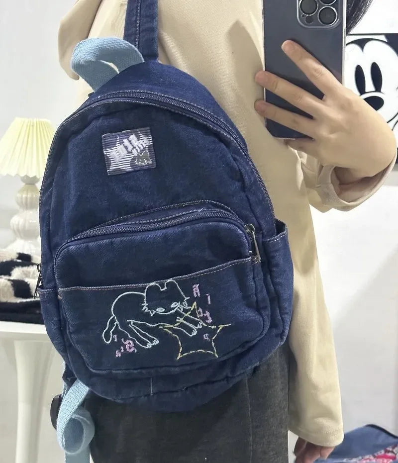 Fashion Small Denim Backpack Kawaii Cat School Bag Mini Cute Schoolbag Deep Blue Backpacks Aesthetic Japanese Preppy Book Bags