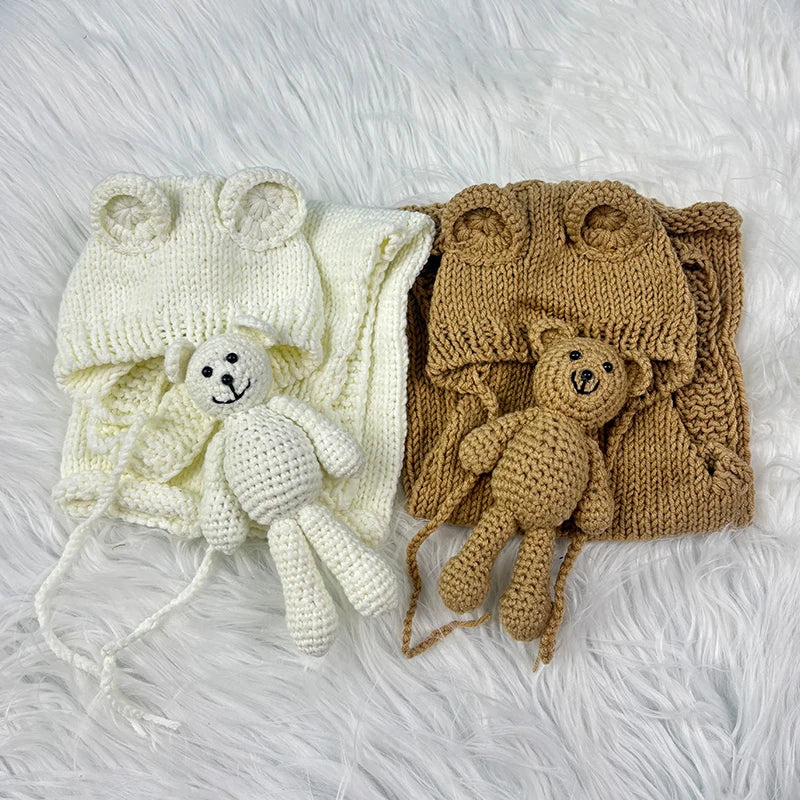 3pcs Baby Cute Costume Newborn Photography Props Crochet Knitted Bear Ear Hat, Bear Doll and Overalls Sets Studio Photos Outfits