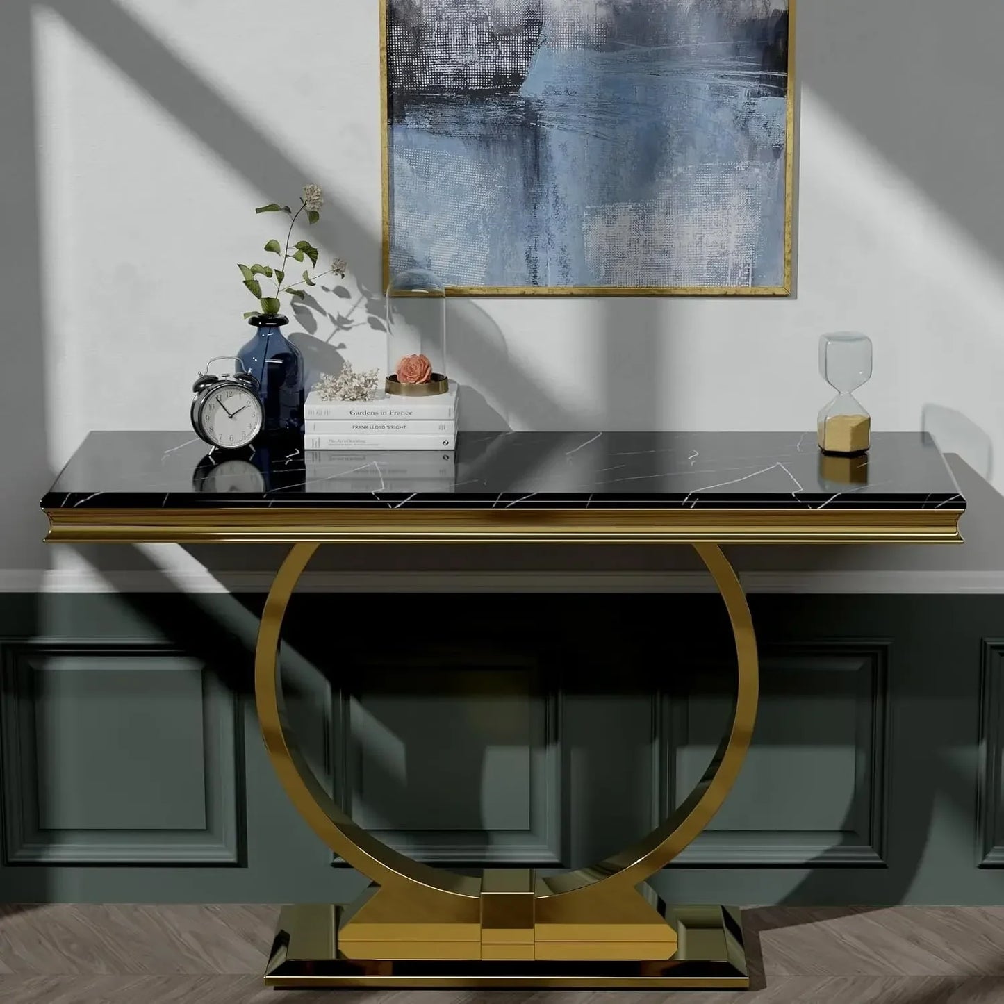 Black Gold Console Table, 50" Black EntranceTable with Gold U Shaped Base, Luxury Entryway Table for Living Room, Entryway, Sofa