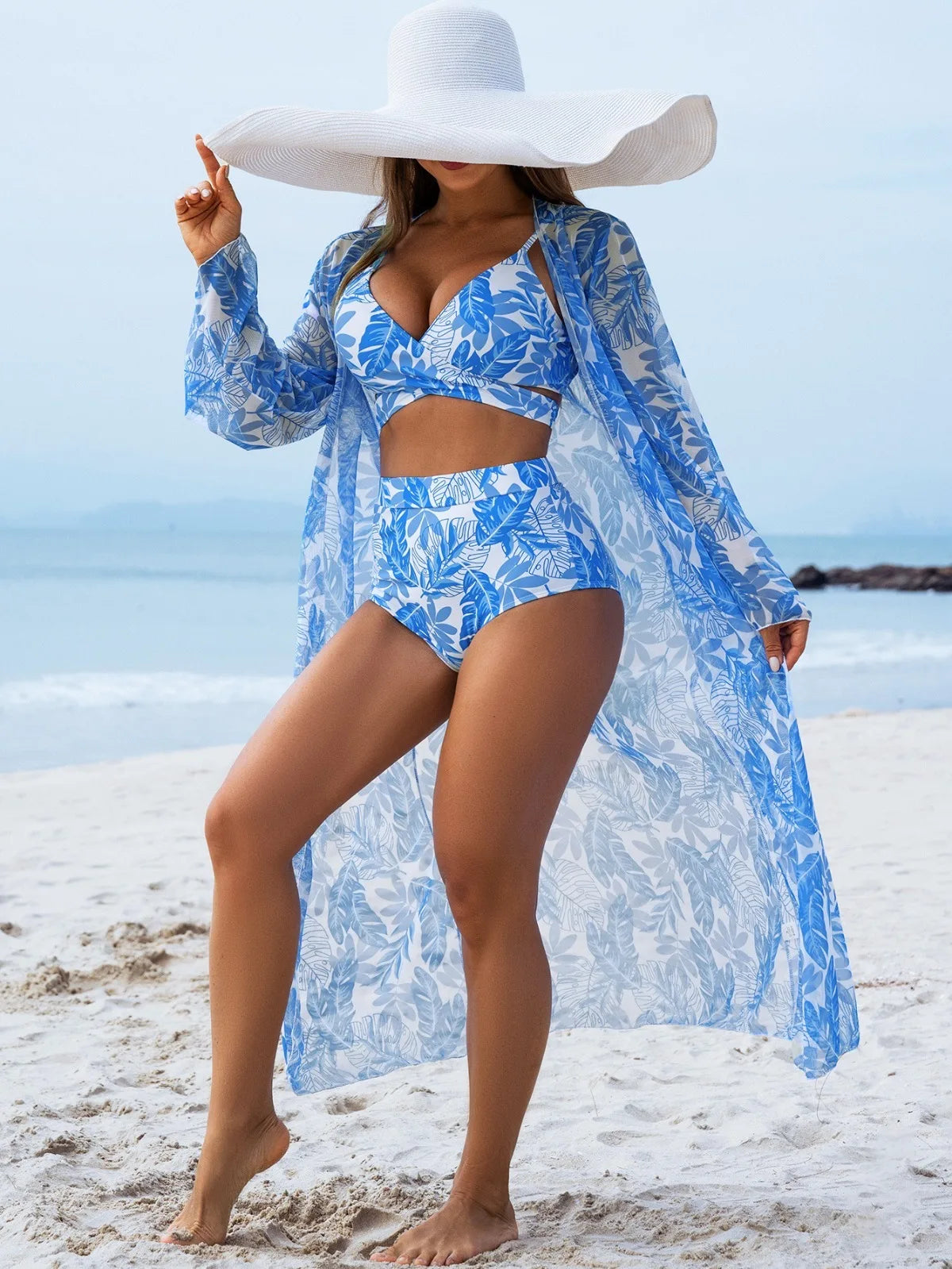 Women 3 Pieces Underwire Floral Bikini Set V Neck High Waist Swimsuit With Long Sleeve Kimono Cover Up Beach Bathing Suit
